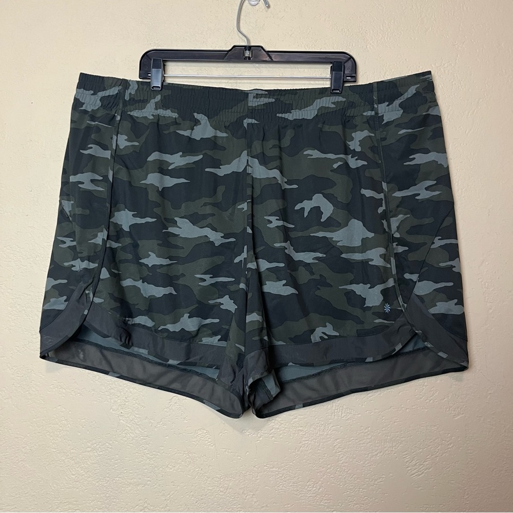 Athleta Printed Mesh Racer‎ Run Shorts Womens Black Green Camouflage Plus Sz 3X